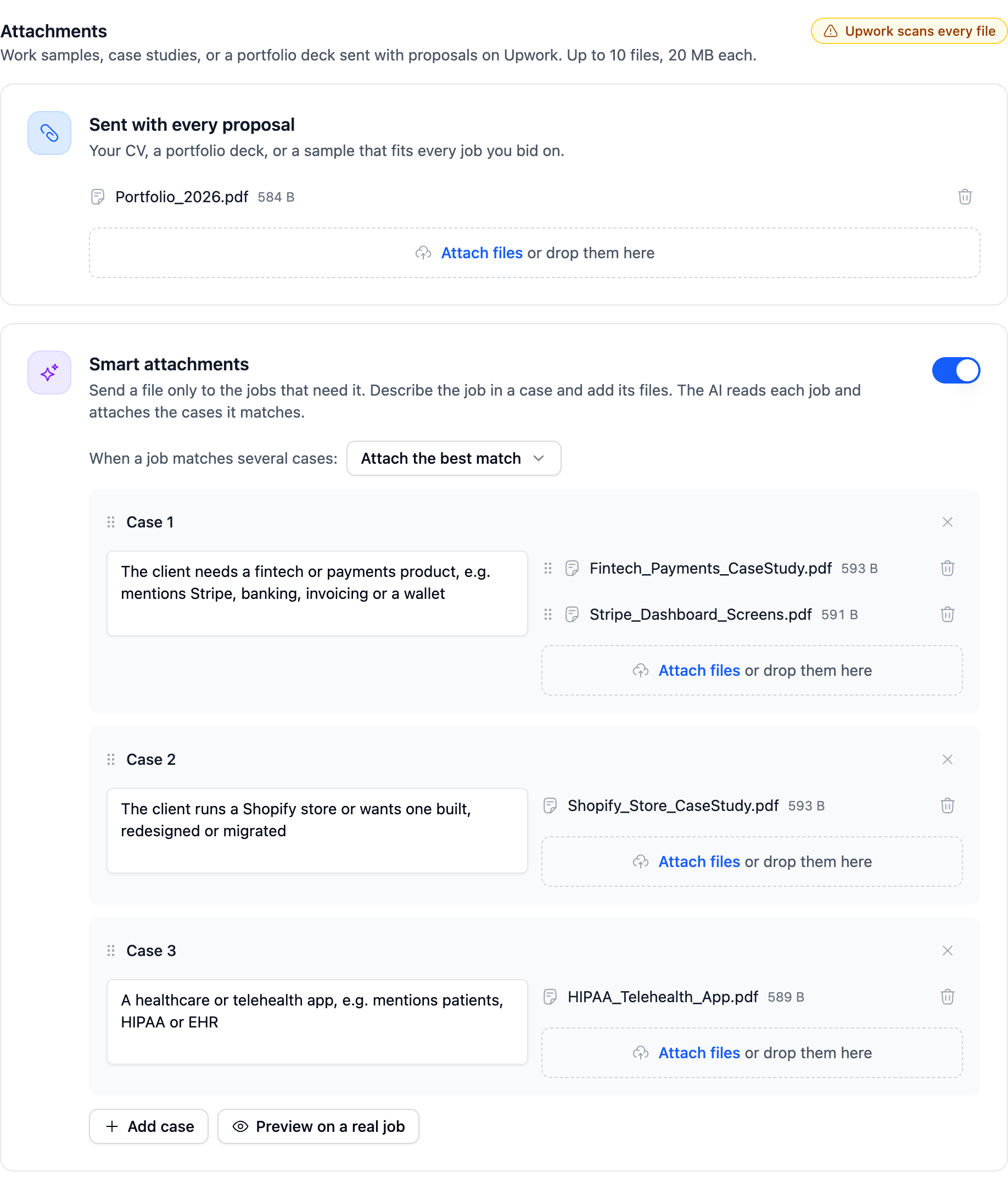 The Attachments step with a file sent with every proposal and three smart attachment cases