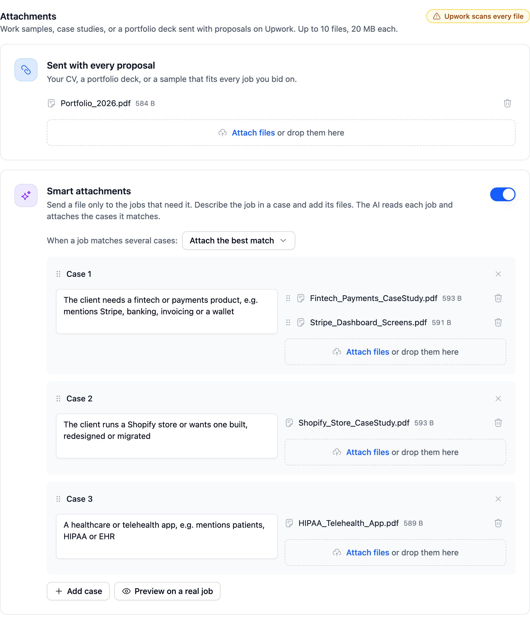The Attachments step with a file sent with every proposal and three smart attachment cases