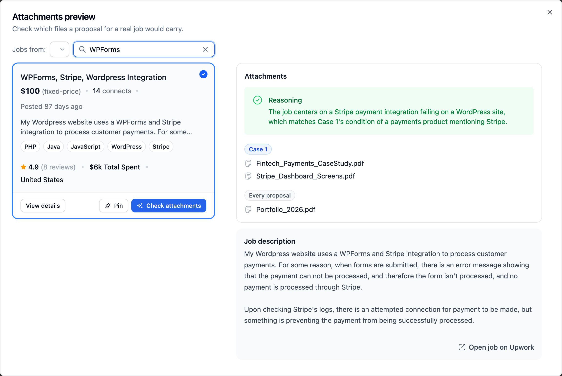 Attachments preview: Case 1 matches a Stripe payments job and attaches its two files plus the portfolio