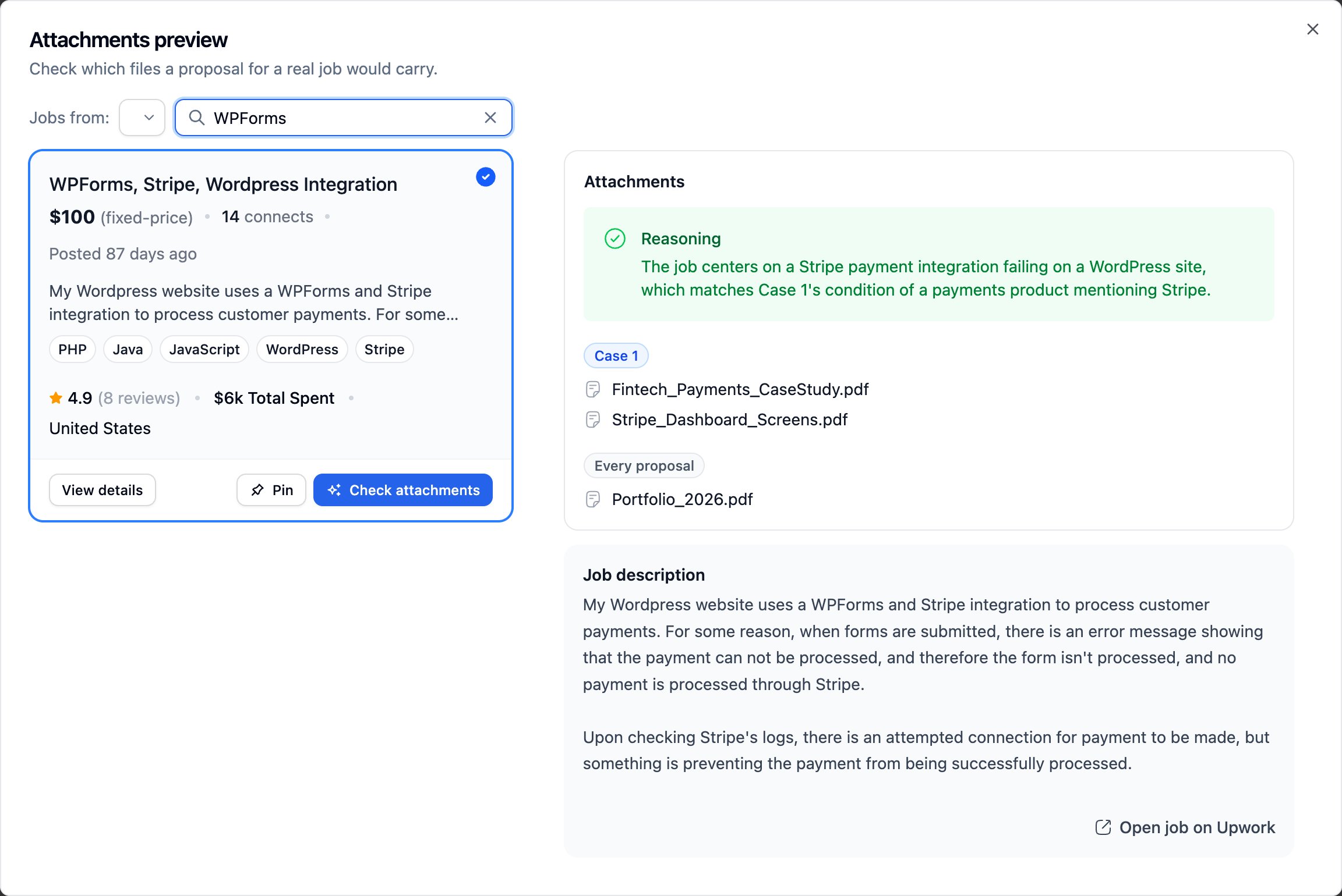 Attachments preview: Case 1 matches a Stripe payments job and attaches its two files plus the portfolio