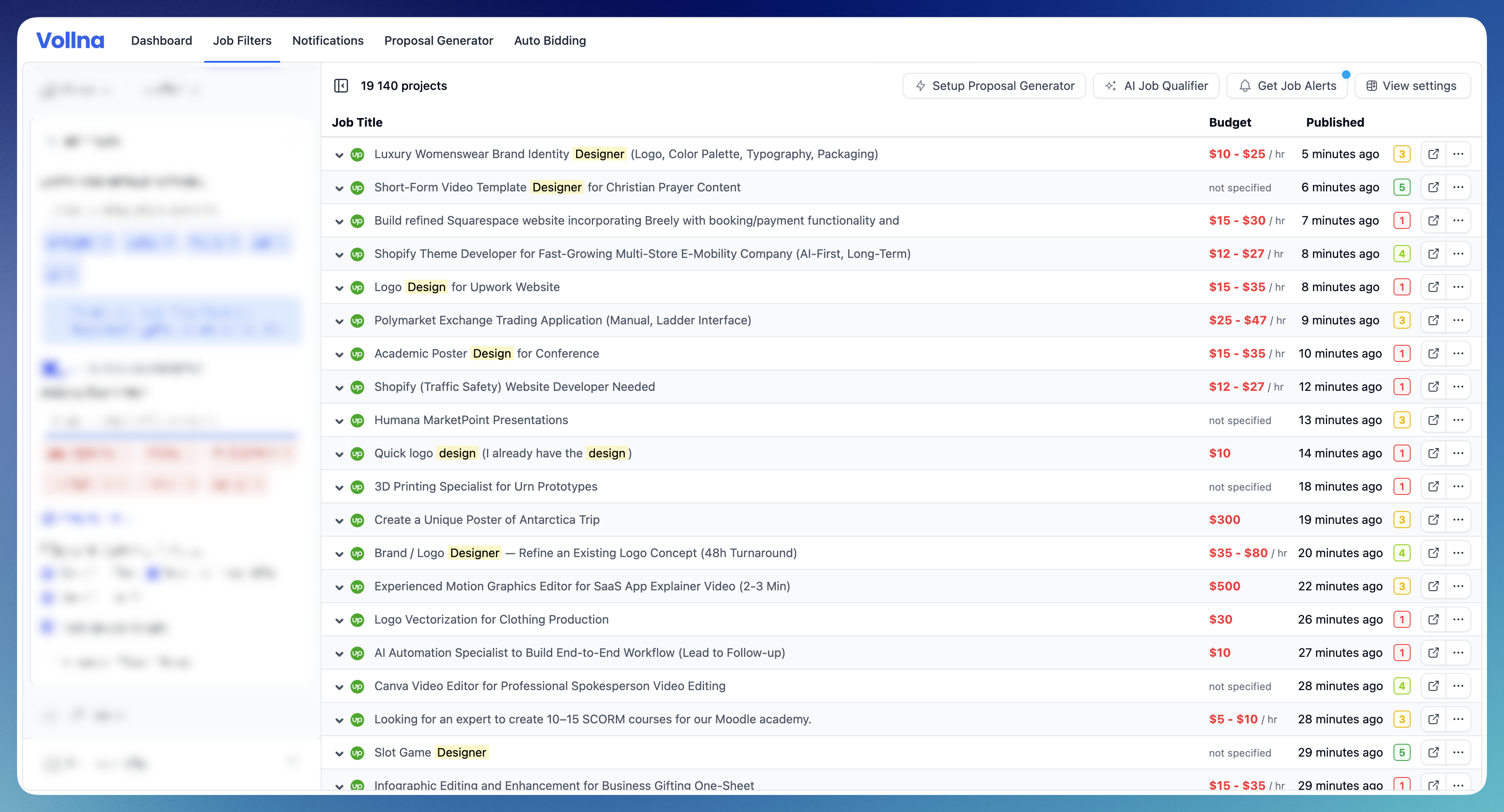 Filter results showing matched projects for review