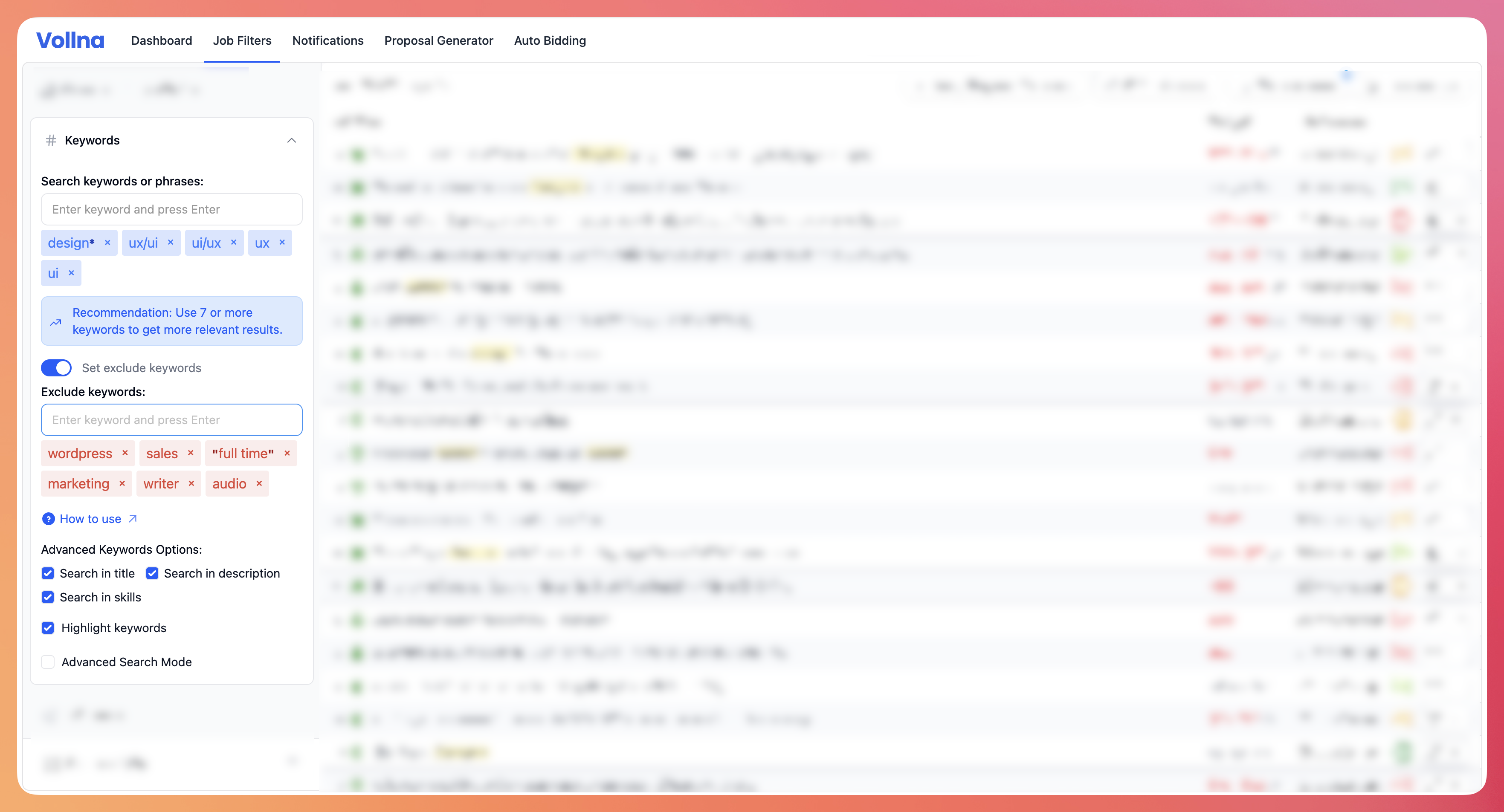 Search keywords and exclude keywords input fields