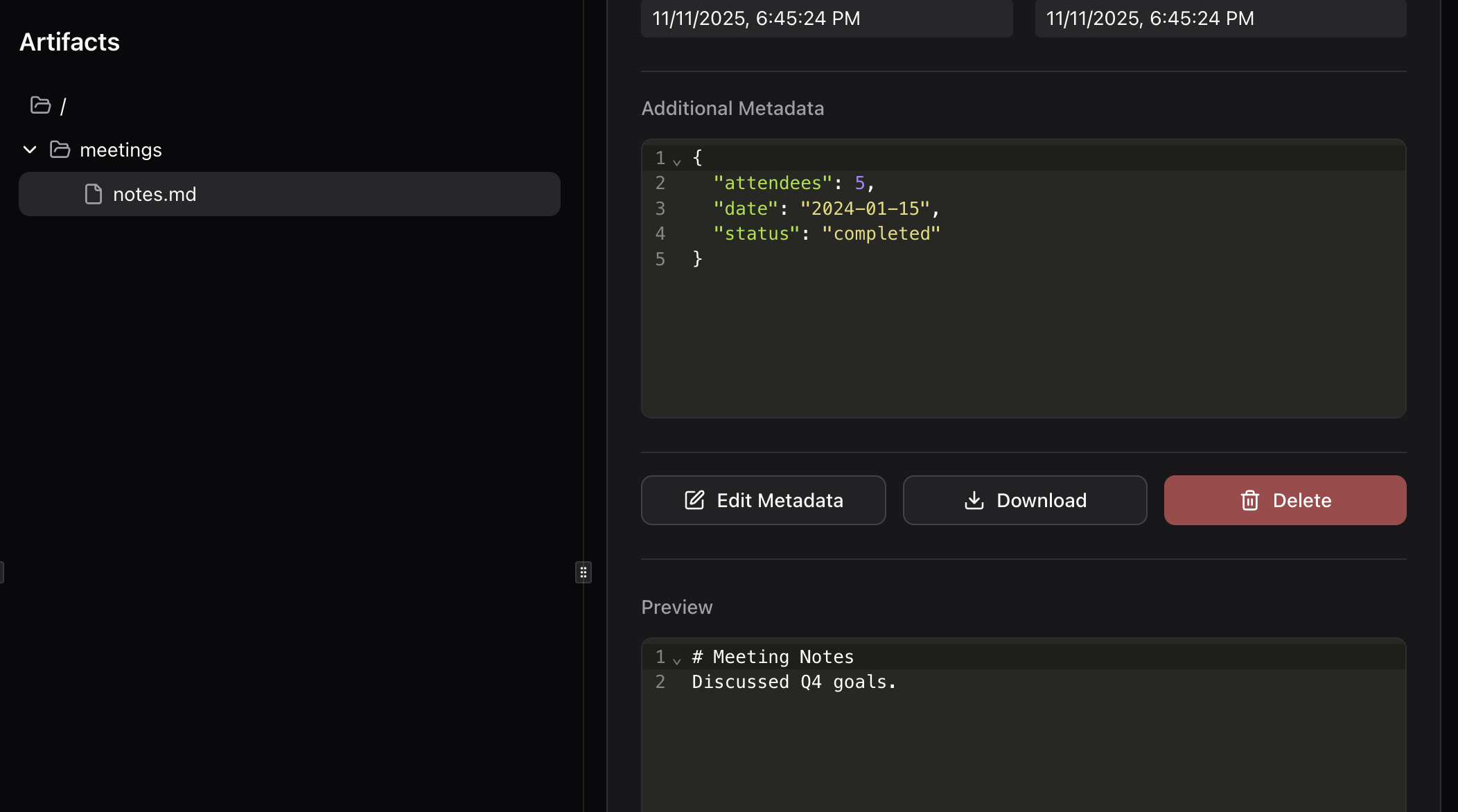 Artifact viewer displaying detailed artifact contents, metadata.