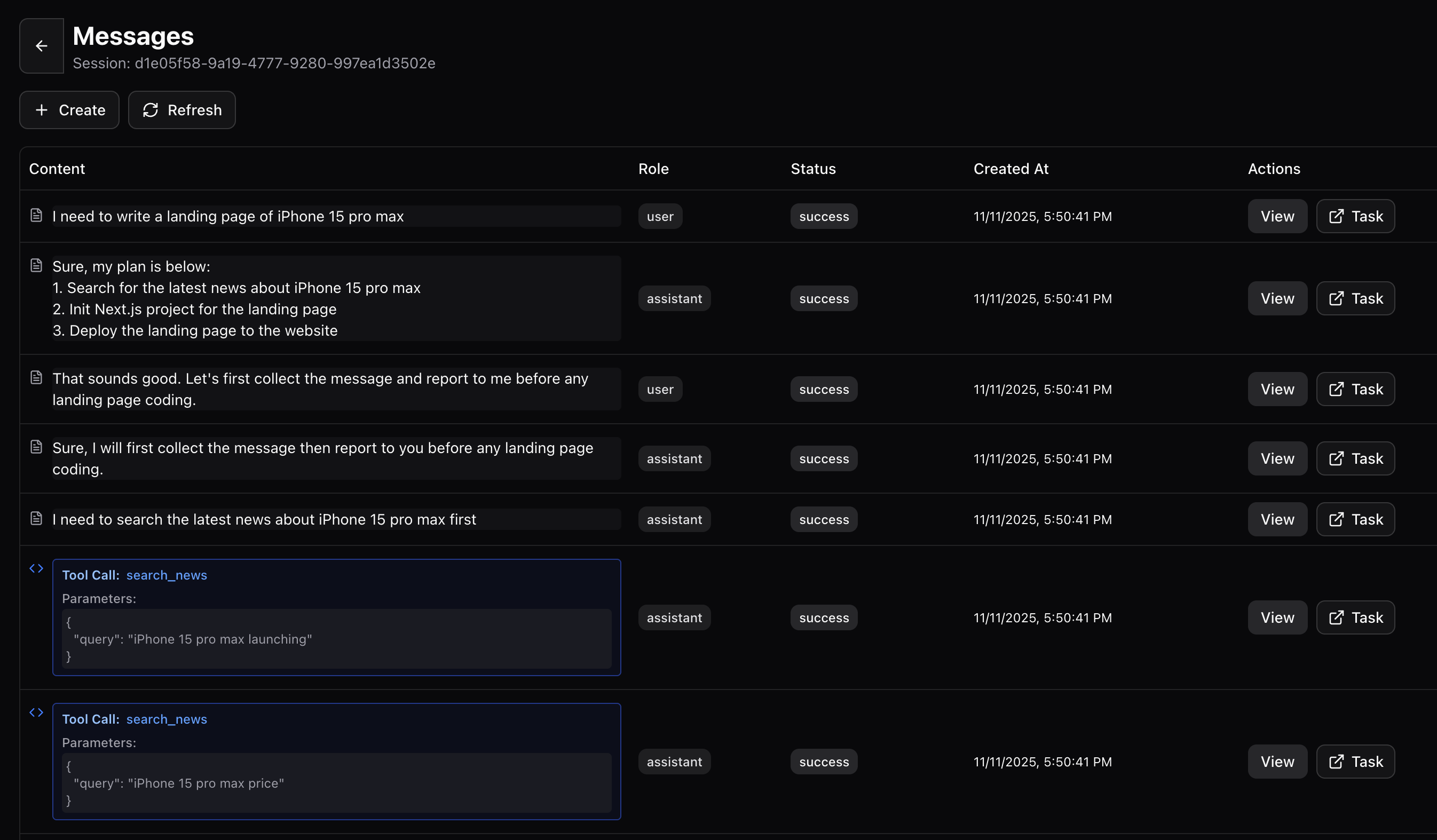 Message viewer interface showing message list with expandable details, timestamps, message types, and full content inspection