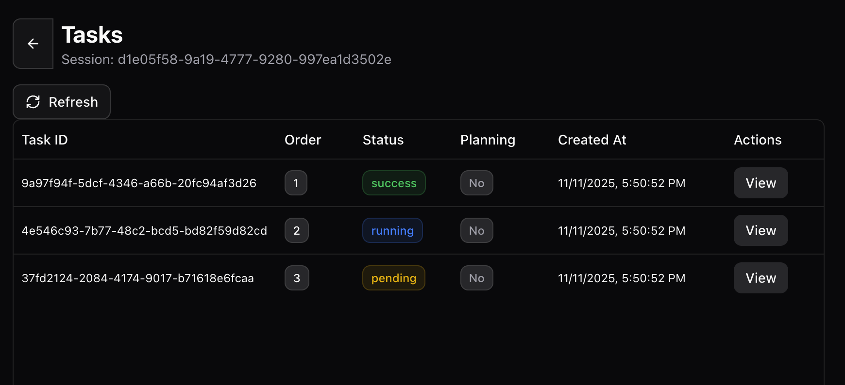 Combined session and task viewer displaying session information alongside related tasks with hierarchical organization