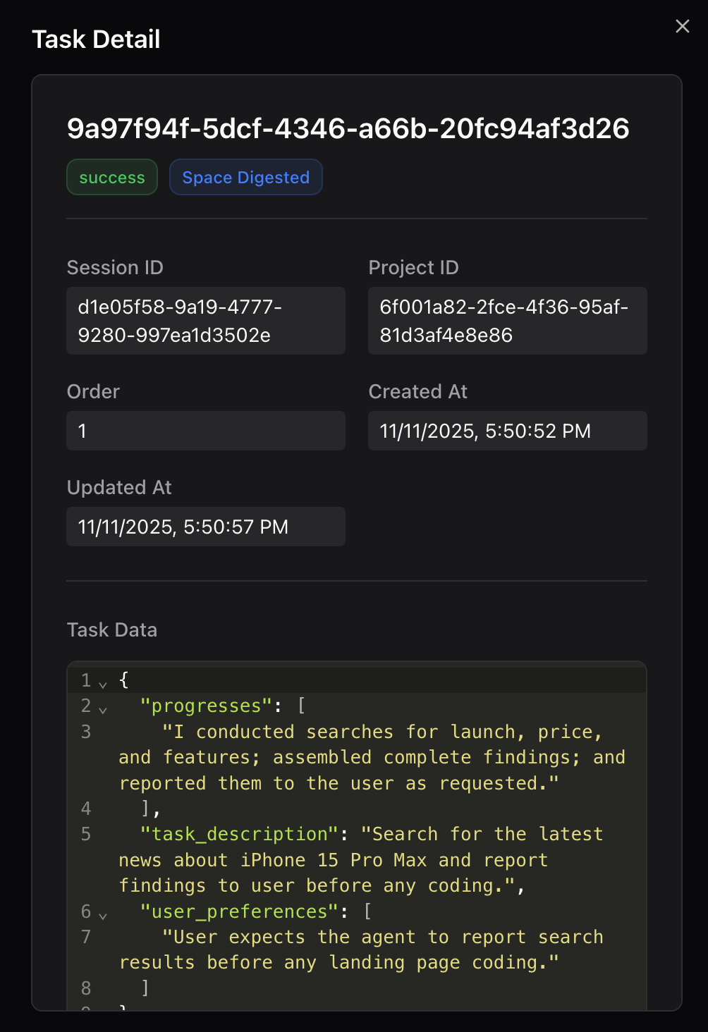 Task viewer dashboard displaying a list of agent tasks with columns for status, timestamps, duration, and task details