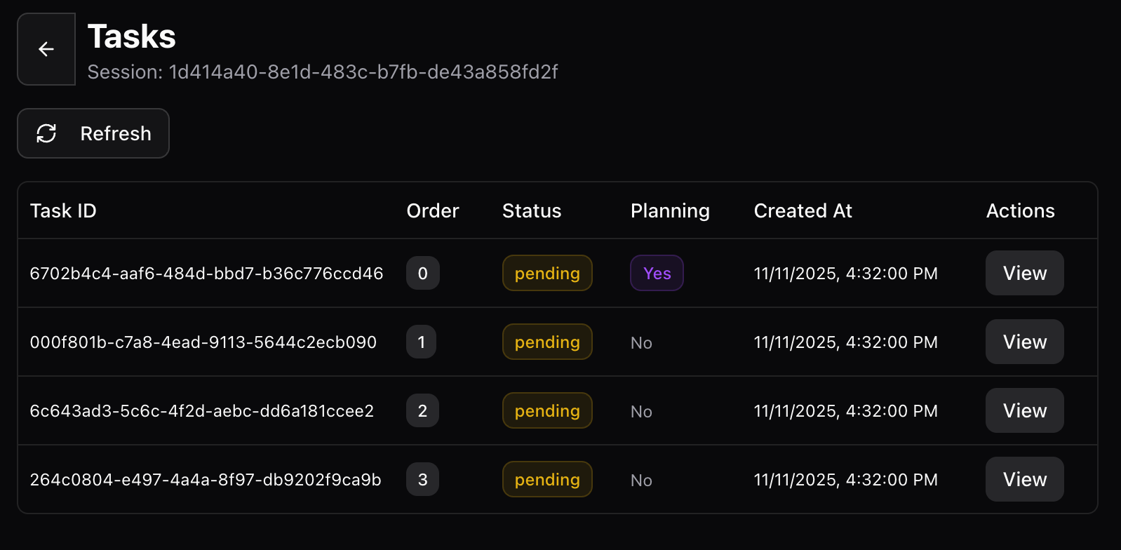 Task list view displaying multiple tasks with their order, status, and basic information