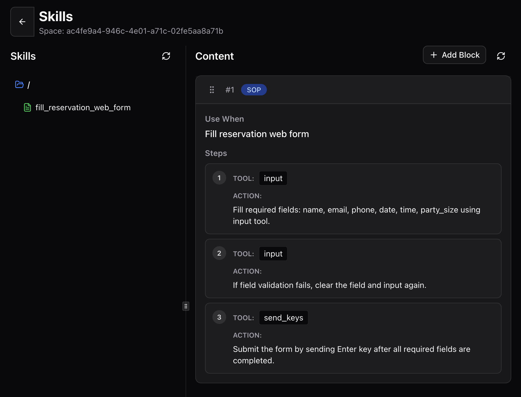 Skill viewer dashboard displaying a list of agent skills with usage metrics, success rates, and performance data