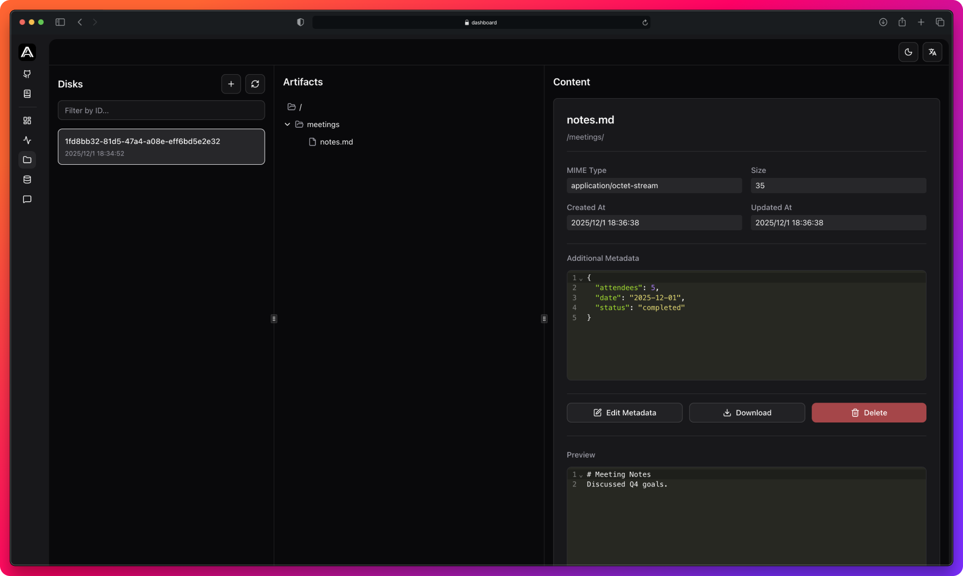 Artifact viewer displaying detailed artifact contents, metadata.