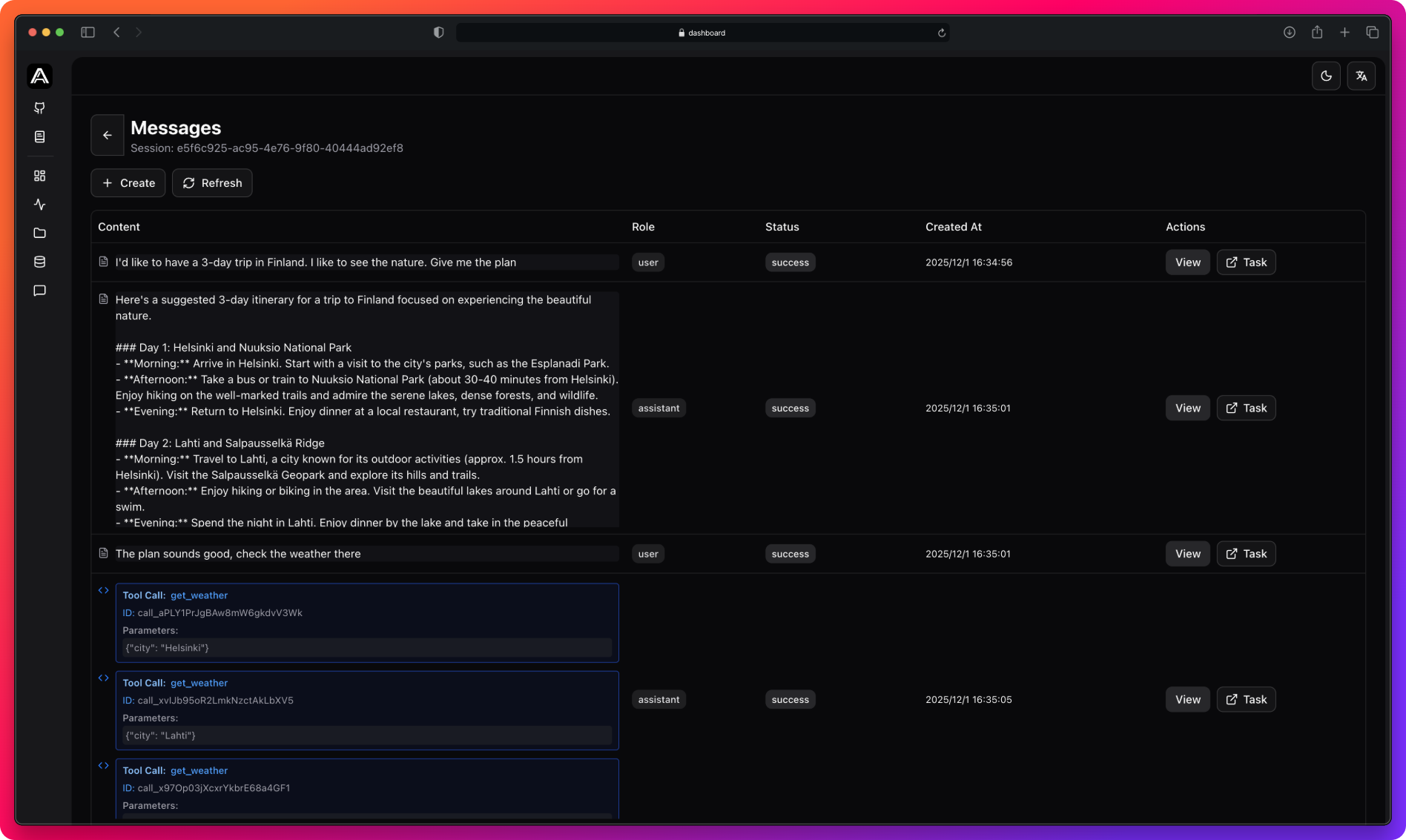 Message viewer interface showing message list with expandable details, timestamps, message types, and full content inspection