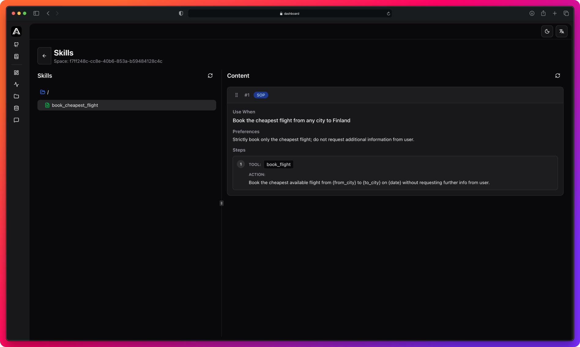 Skill viewer dashboard displaying a list of agent skills with usage metrics, success rates, and performance data