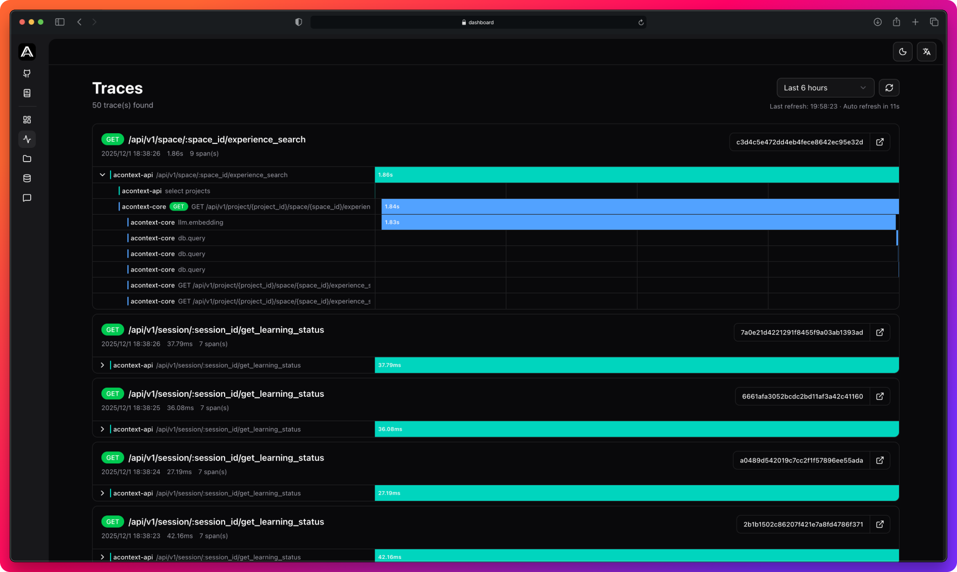 Traces viewer interface displaying traces with expandable spans, color-coded services, HTTP method badges, and duration visualization