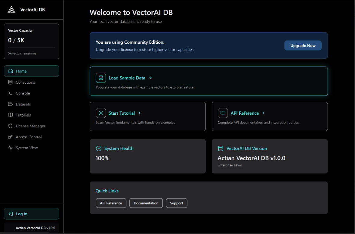 Screen shot showing VectorAI DB dashboard