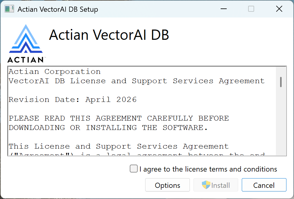 VectorAI DB installer license agreement screen