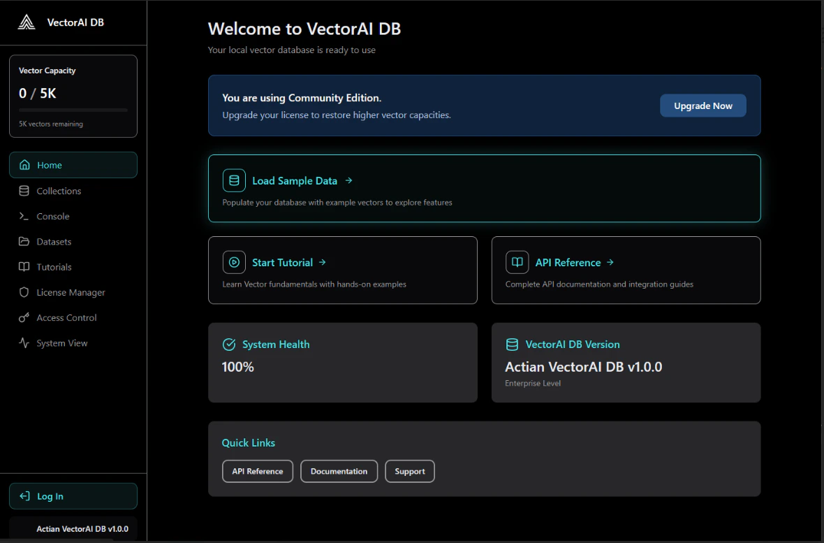 Screen shot showing VectorAI DB dashboard