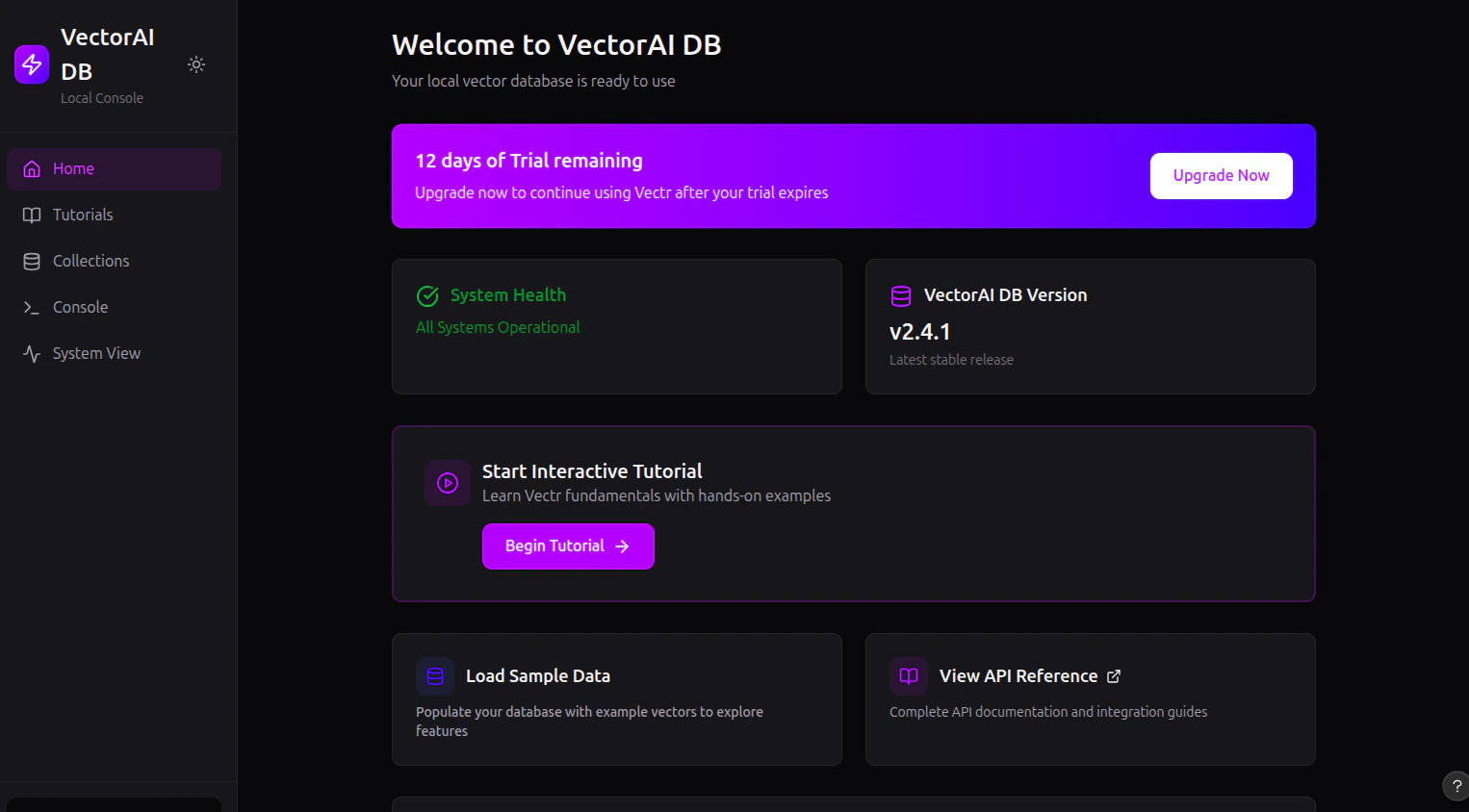 VectorAI DB web UI dashboard