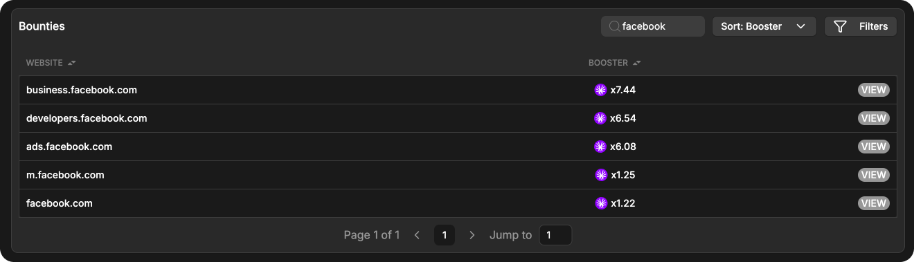 Facebook bounties search results