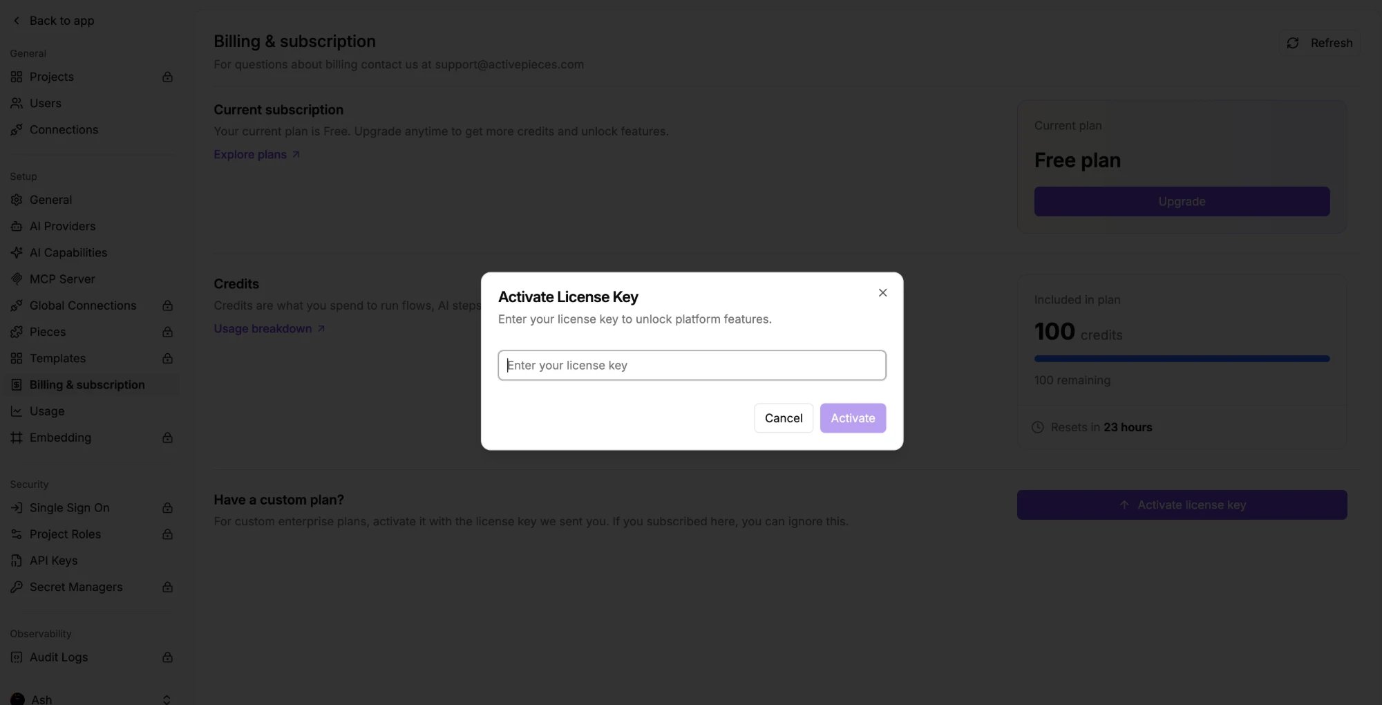 Activating a license key from Billing and subscription