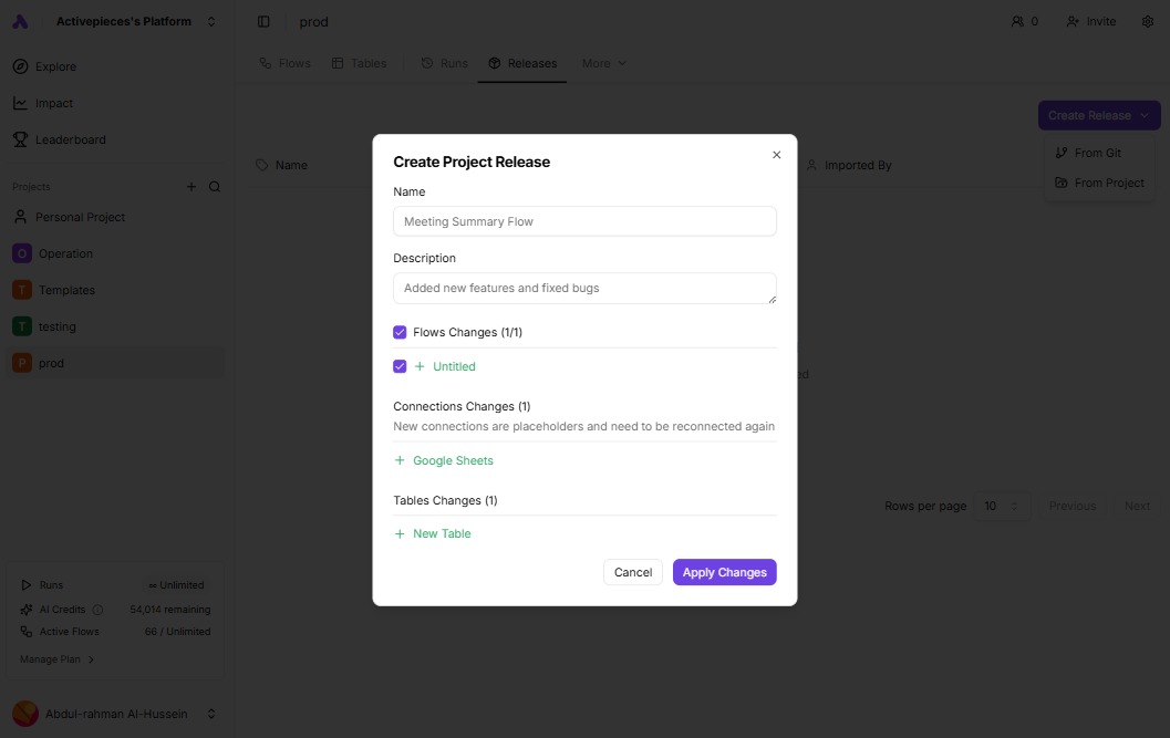 Create Release from Project