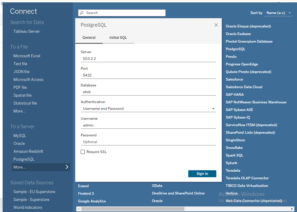 Tableau Desktop connection third step