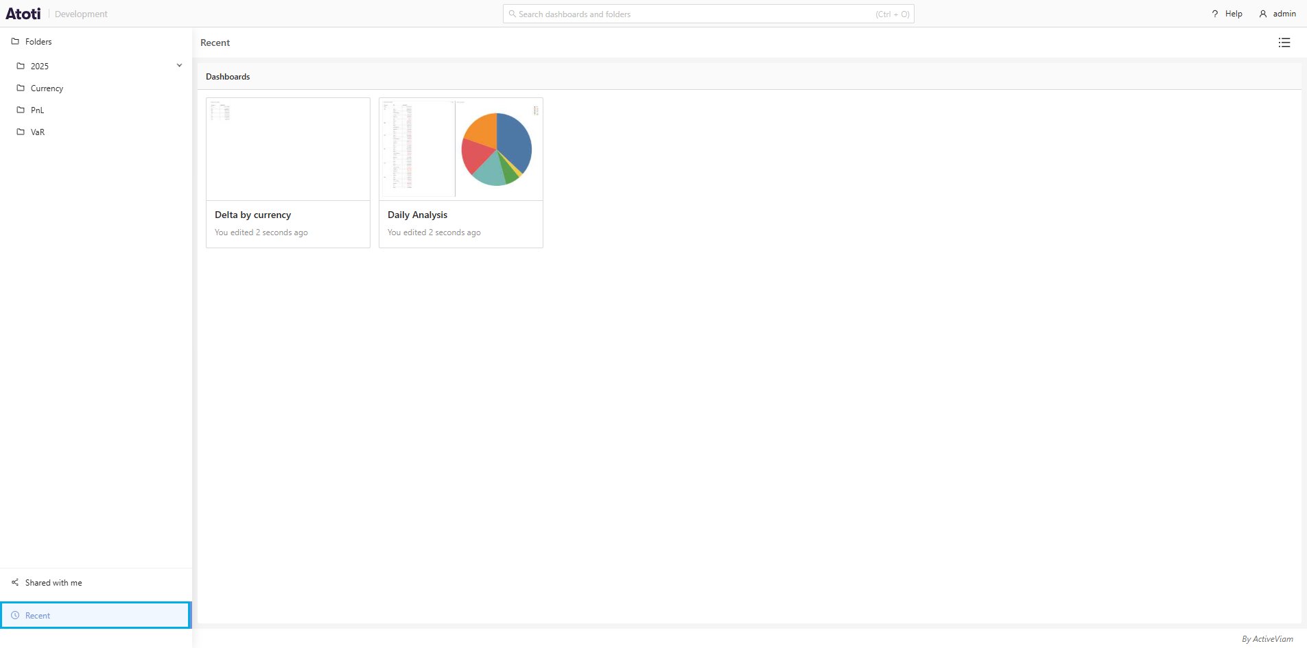 The home page with the Recent button outlined at the bottom of the left
sidebar, showing recently opened dashboards in the main
area