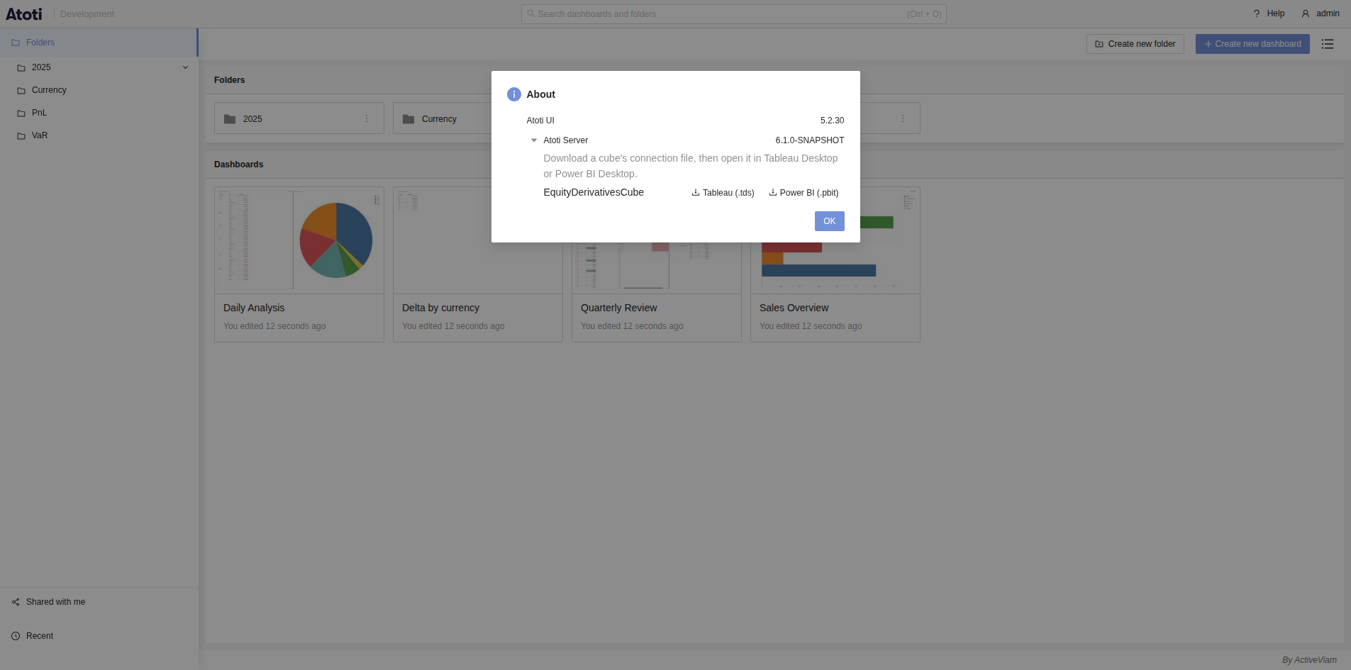 The About popup with the row of the Atoti server expanded, listing its cubes
with their Tableau and Power BI
downloads