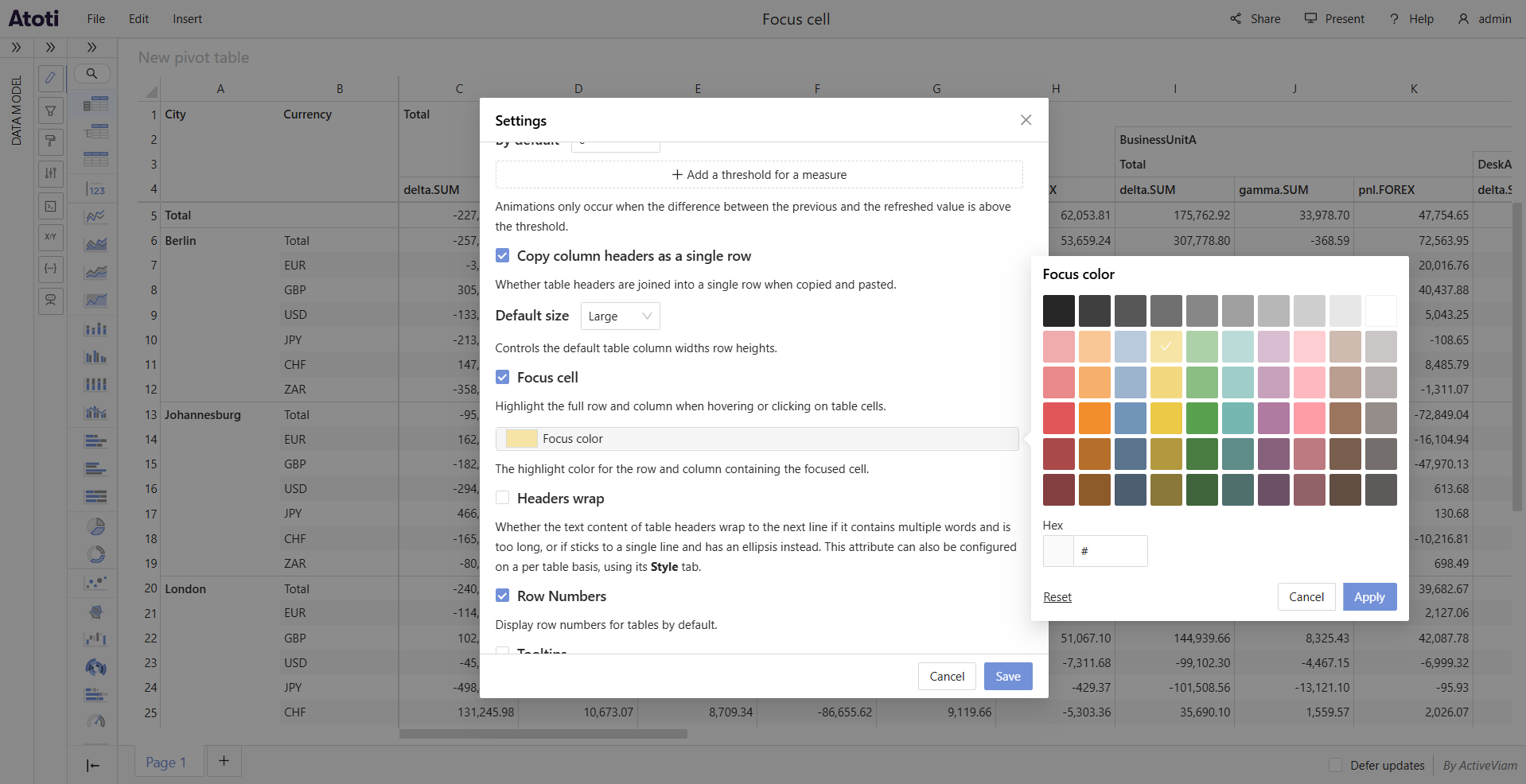 Settings popup with the Focus color swatch showing a color picker to choose
the highlight
color