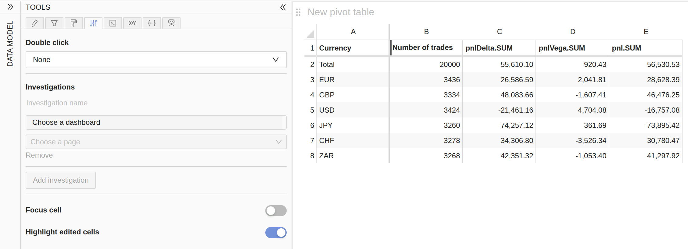 The Behavior tab with Highlight edited cells on, next to a table whose
Number of trades header carries a grey
bar