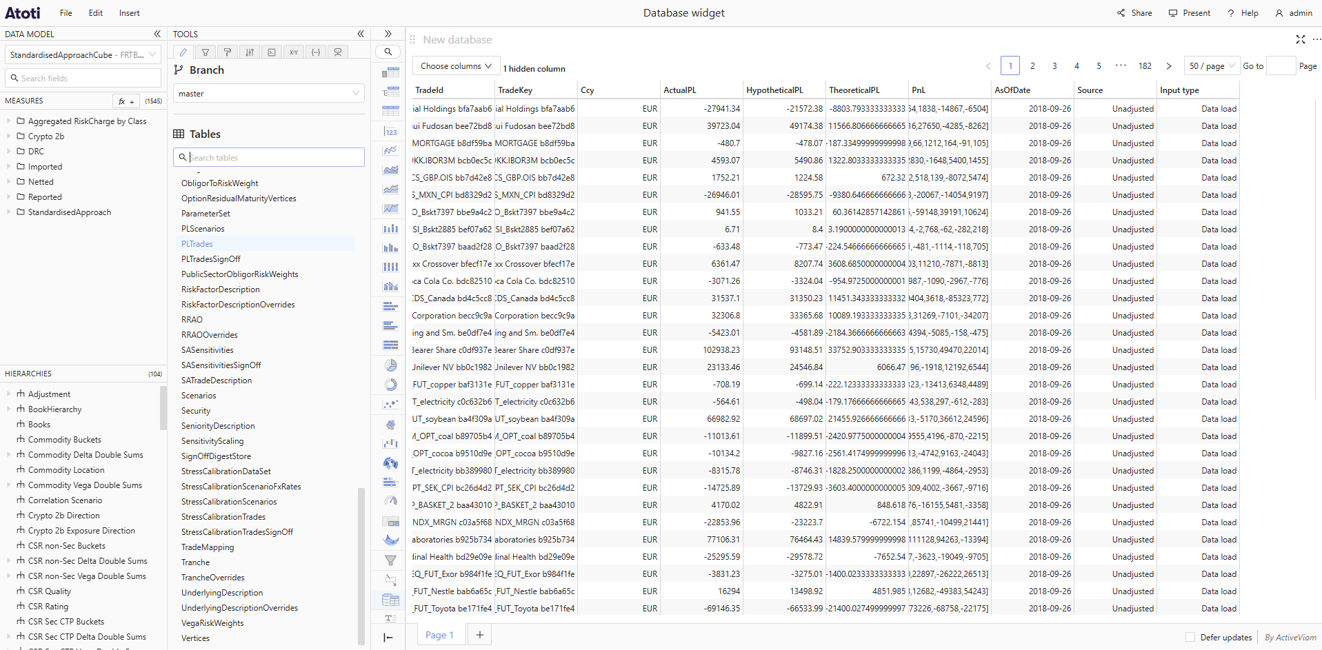 The Database widget displaying rows from a selected database table. The
Fields panel on the left shows the available branches and tables, and the grid
shows the table data with multiple
columns.