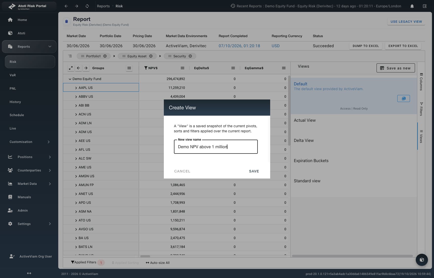 Create View dialog with the name Demo NPV above 1 million