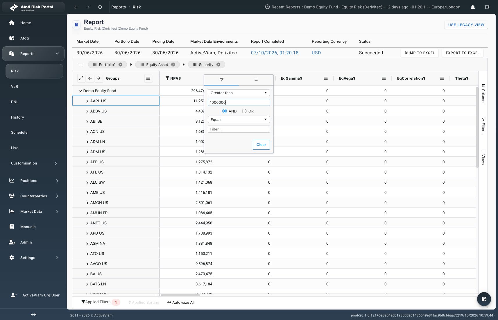 Numeric filter condition, filtered demo results, and Applied Filters indicator