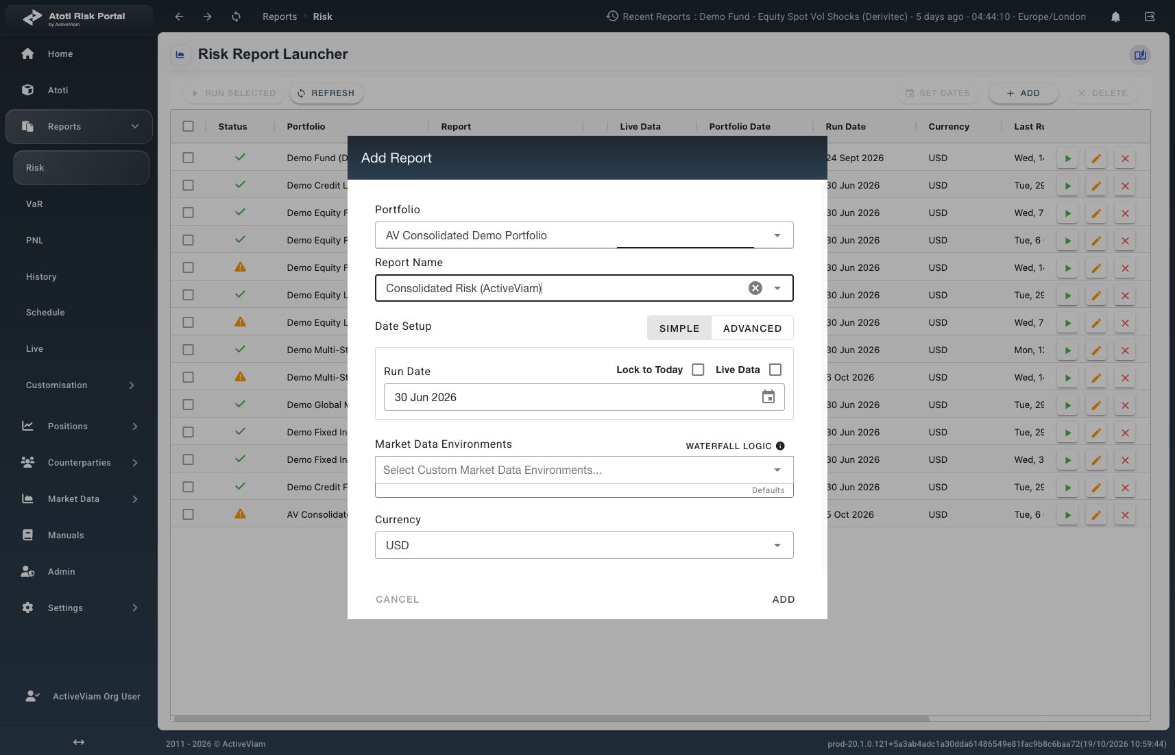 Add Report with portfolio, report, date, market-data defaults, and currency selected