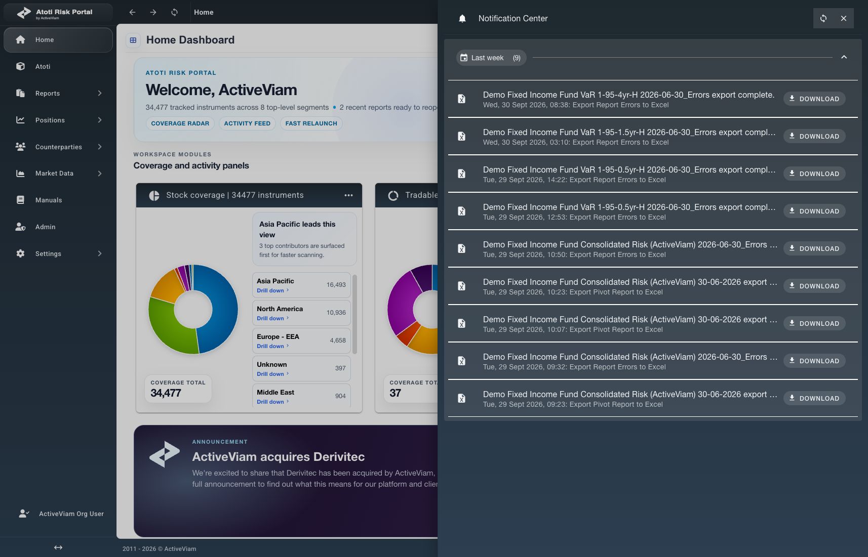 Notification Center showing completed demo exports with Download actions