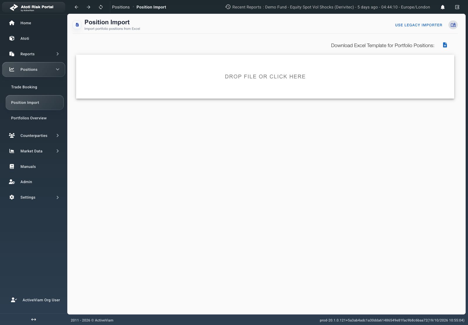 Position Import with the template download icon and workbook drop area