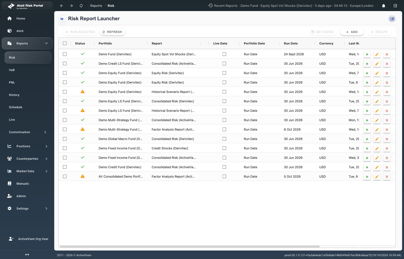 Risk Report Launcher with completed demo reports and play-shaped Run buttons