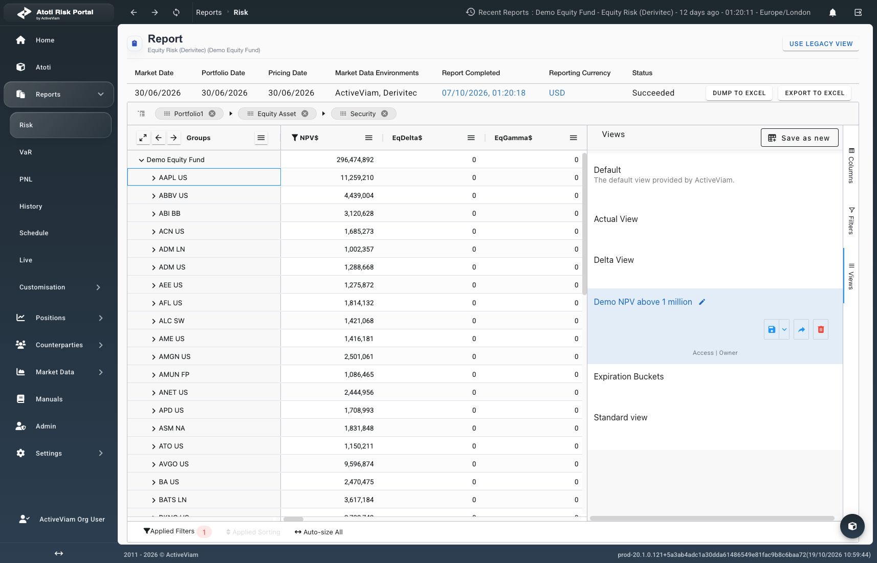 Views panel showing the selected Demo NPV above 1 million entry