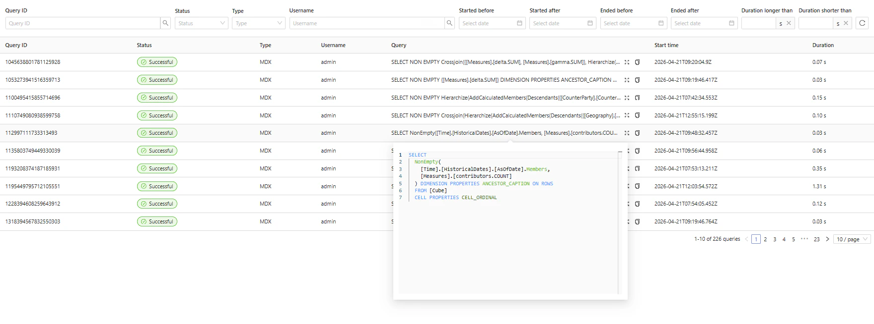 The MDX query preview popup showing a formatted query with syntax highlighting