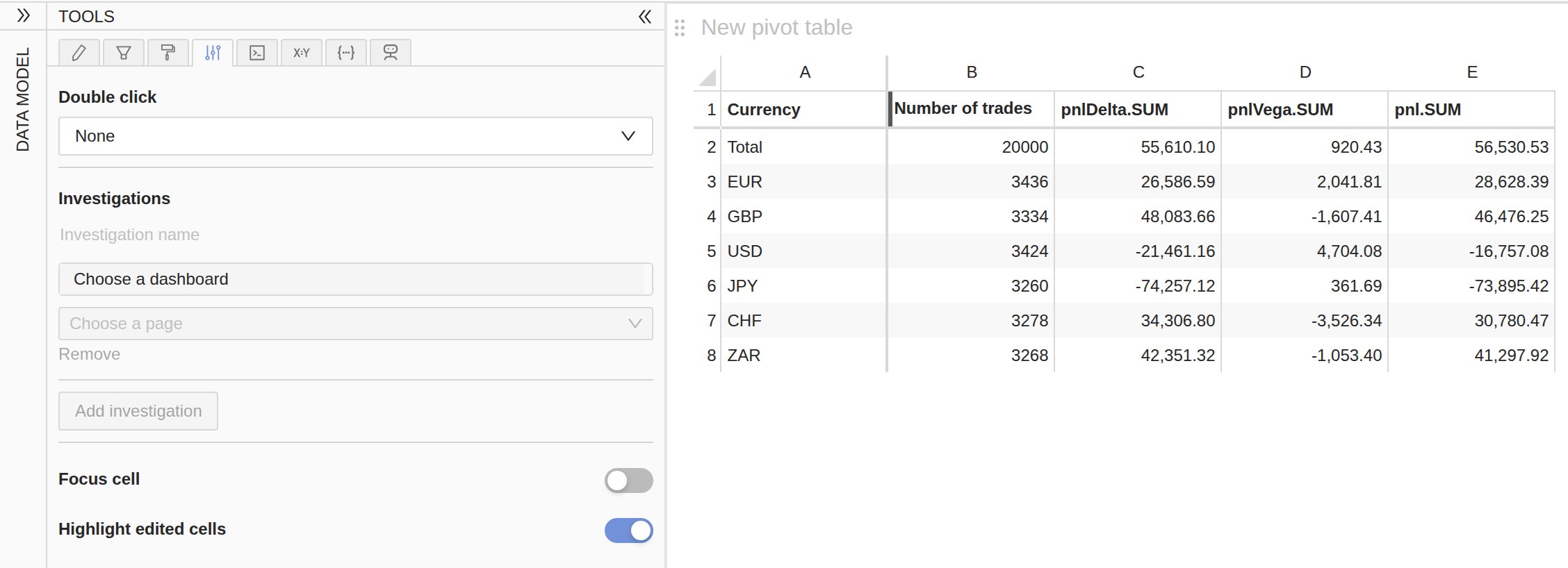 The Behavior tab with Highlight edited cells on, next to a table whose
Number of trades header carries a grey
bar