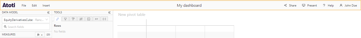 Application menu bar showing File, Edit, and Insert on the left and Share,
Present, Help, and User on the
right