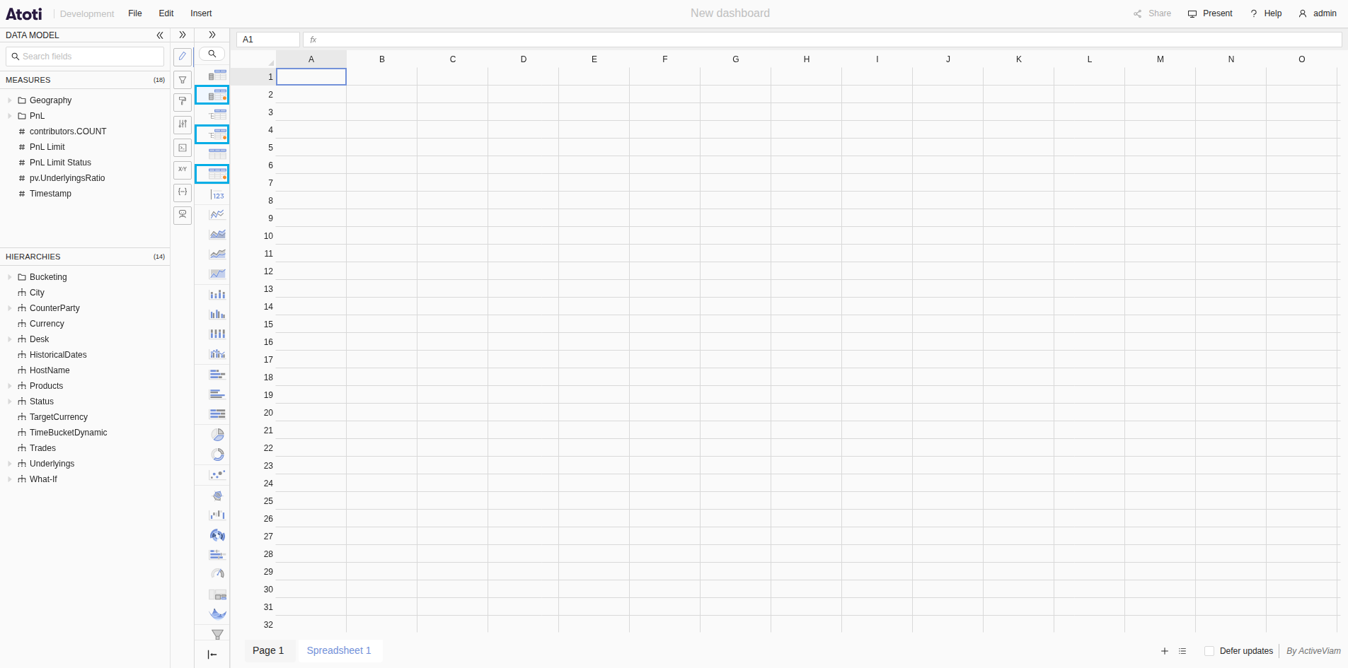 A spreadsheet page with the widgets panel collapsed, and the icons of the
Pivot table v2, Tree table v2 and Table v2 widgets
outlined