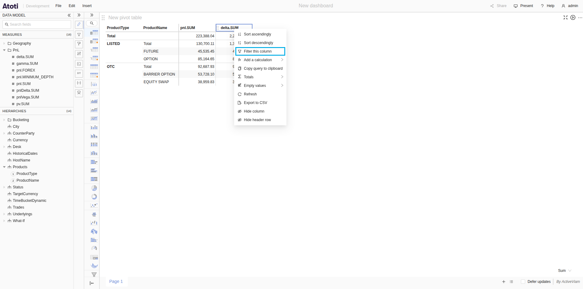 The context menu of the delta.SUM column header, with Filter this column
highlighted