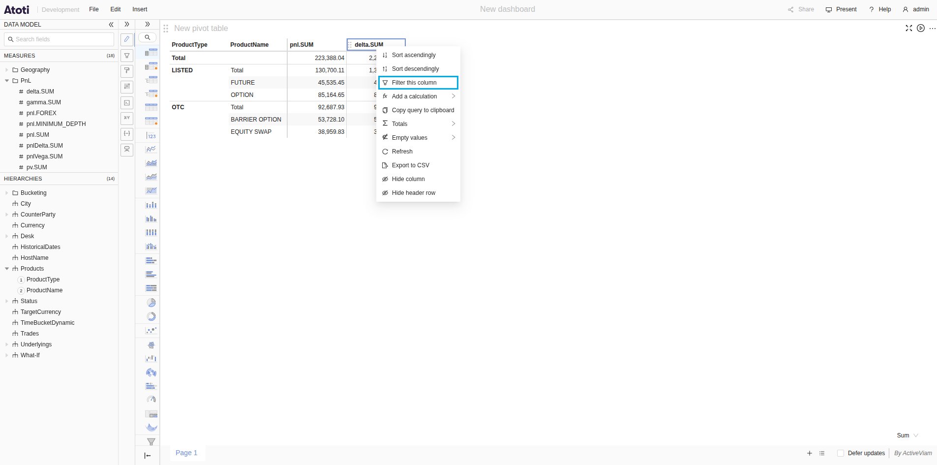 The context menu of the delta.SUM column header, with Filter this column
highlighted