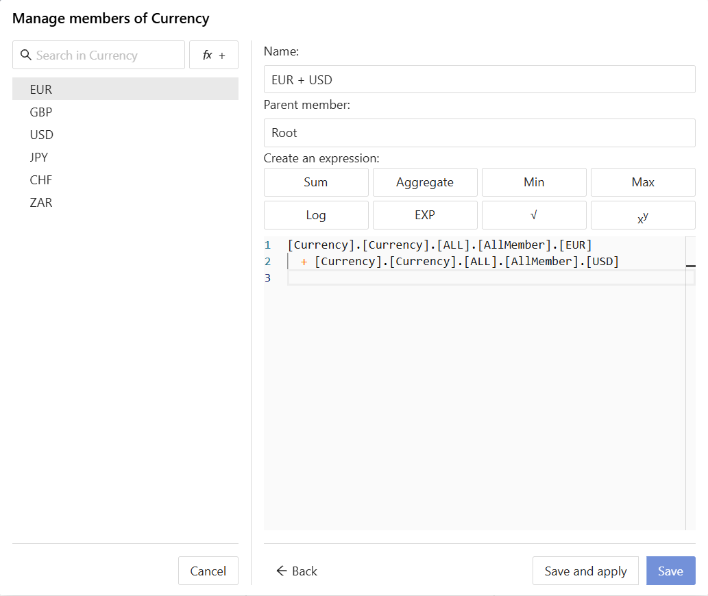 The Manage members popover, with the members of the Currency hierarchy on
the left and the editor on the right defining an EUR + USD
member