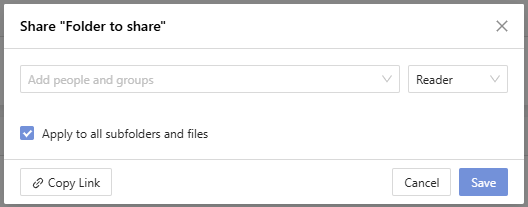 Share popup for a folder with the Apply to all subfolders and files option checked