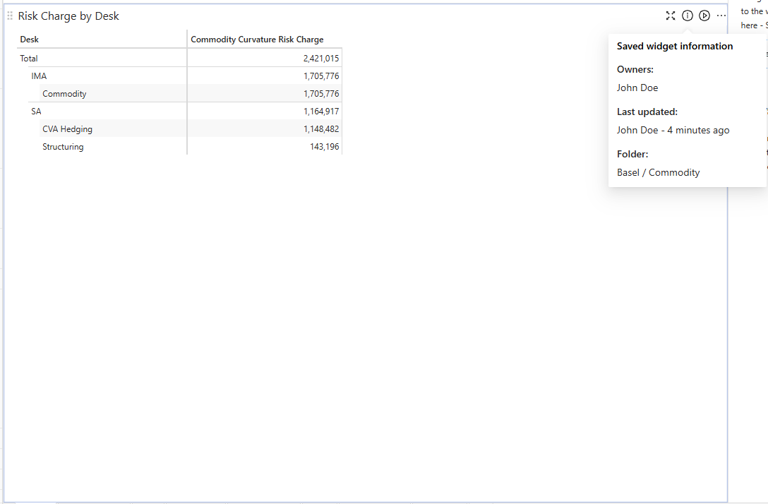 Saved Widget Information popup showing owners, last editor, last update
time, and folder
location