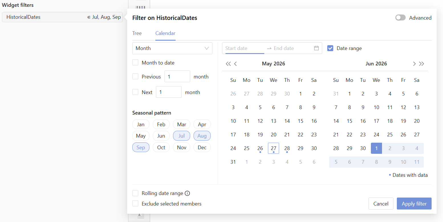 Date filter popup showing the Seasonal pattern section with July, August,
and September selected as recurring months, highlighted on the
calendar