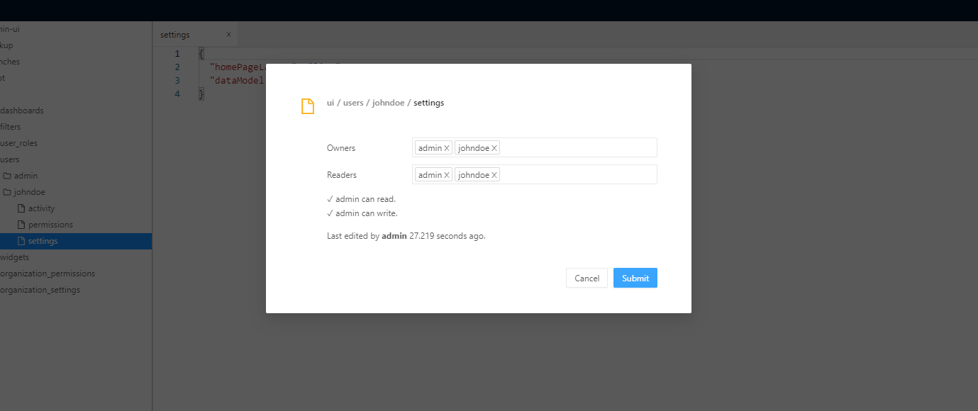 File properties popup in Atoti Admin UI showing Owners and Readers fields