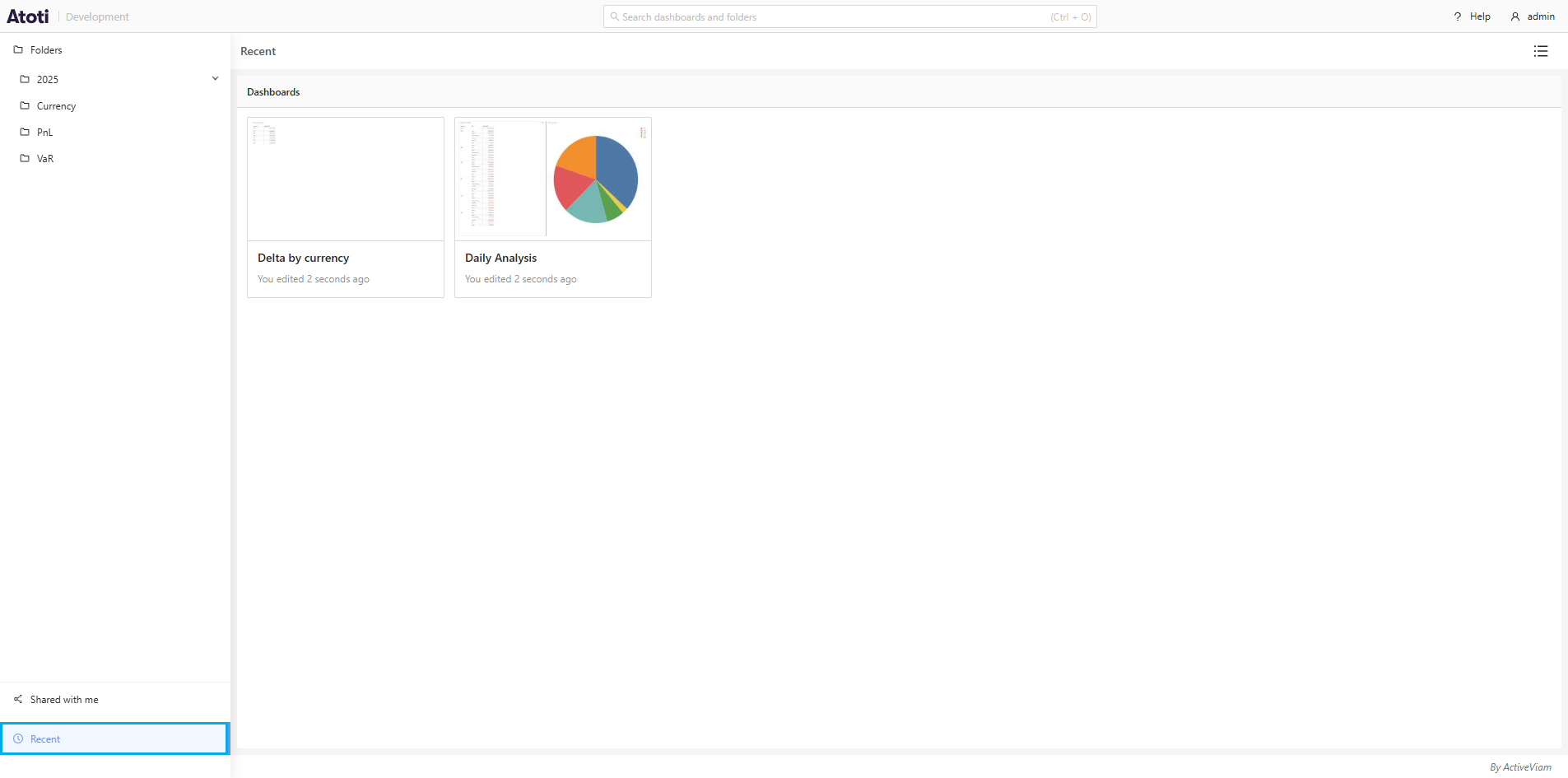 The home page with the Recent button outlined at the bottom of the left
sidebar, showing recently opened dashboards in the main
area