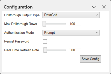 Configuration settings pop up