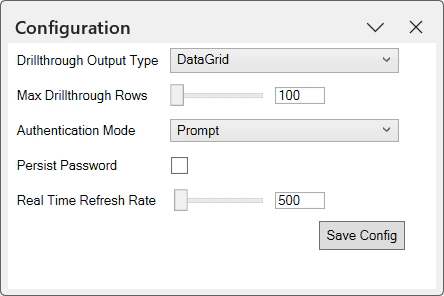 Configuration settings pop up
